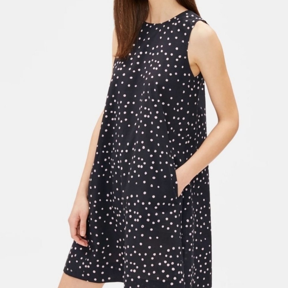 Eileen fisher black white polka-dot sleeveless shift dress cotton oversized